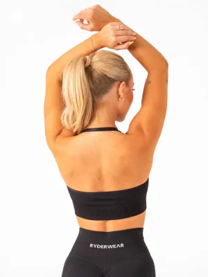 Body-Hugging Fit Medium Lift Rib Seamless Halter Sports Bra - Black