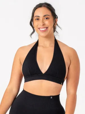 Rib Seamless Halter Sports Bra - Black Thermoregulating Fibers Anti Chafe Design