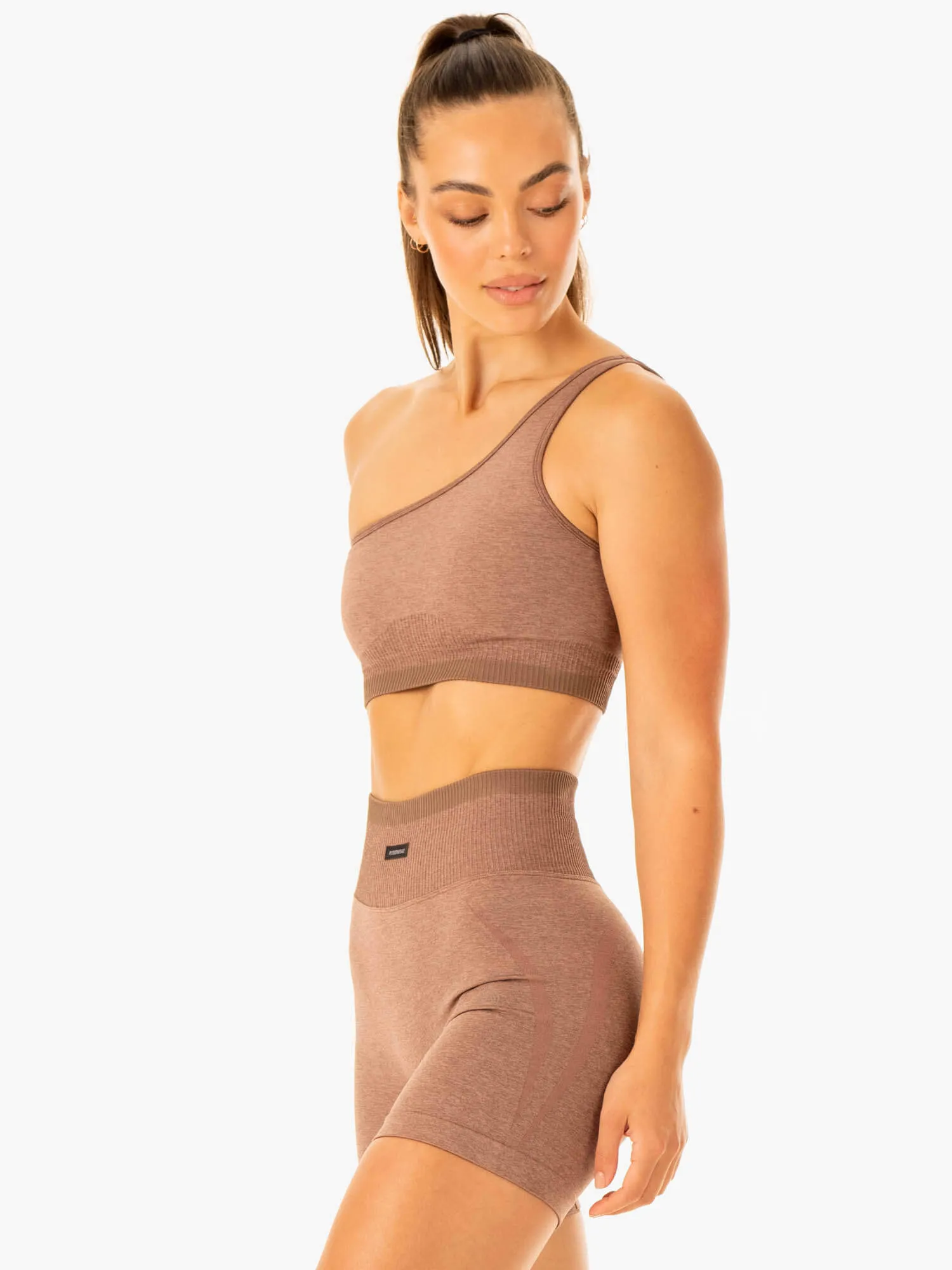 Waist support Loose fit seams Excel Seamless One Shoulder Sports Bra - Mocha Marl