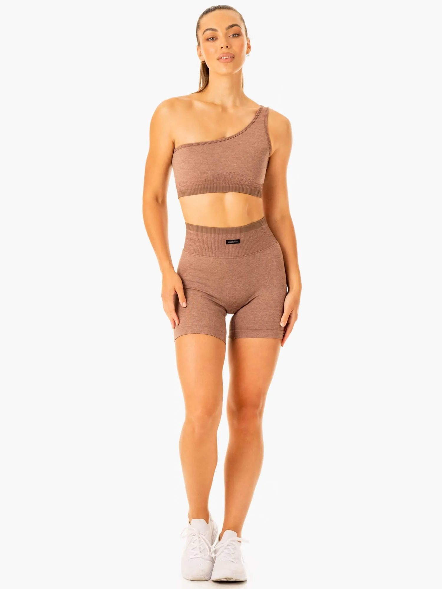 Excel Seamless One Shoulder Sports Bra - Mocha Marl Zigzag stitching seams Cotton fitness wear