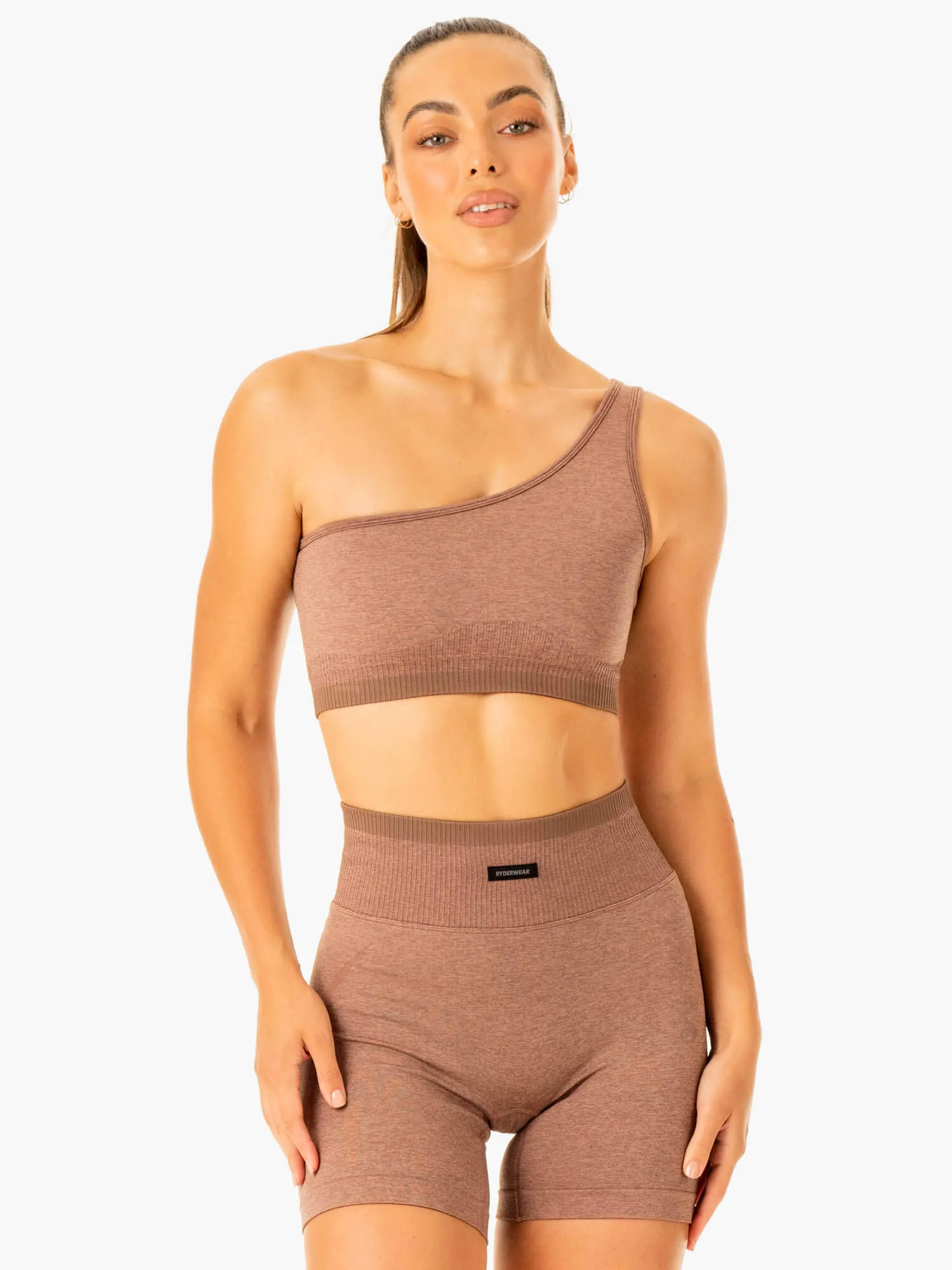 Outdoor Clothing Excel Seamless One Shoulder Sports Bra - Mocha Marl