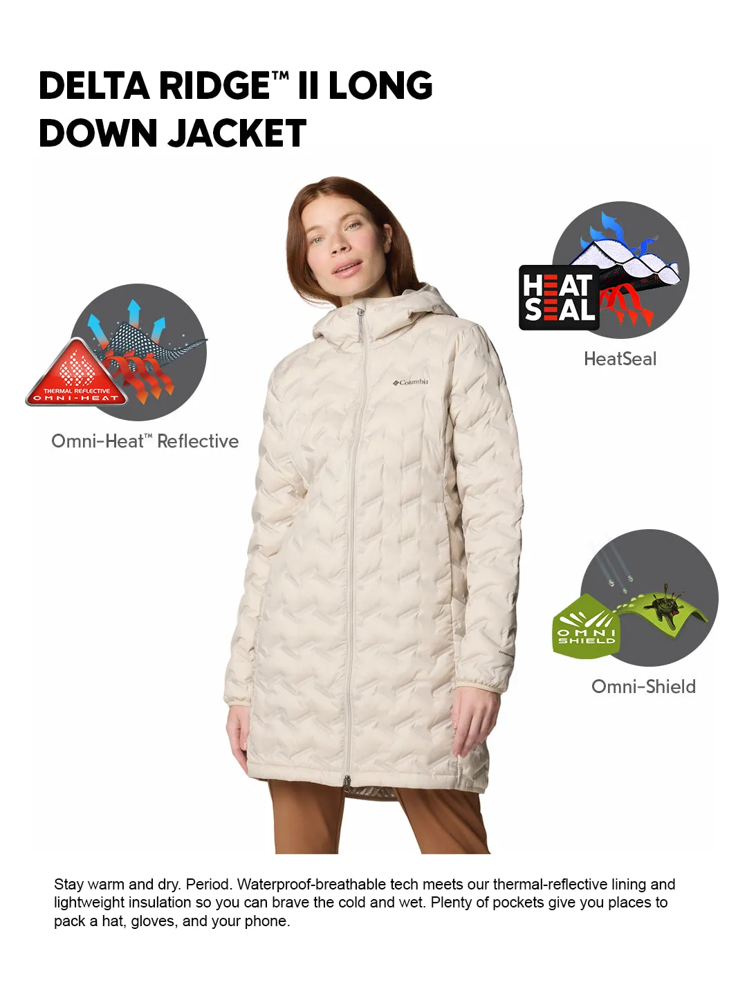 Columbia Women Beige HEAT SEAL Delta Ridge II Down Jacket waterproof
