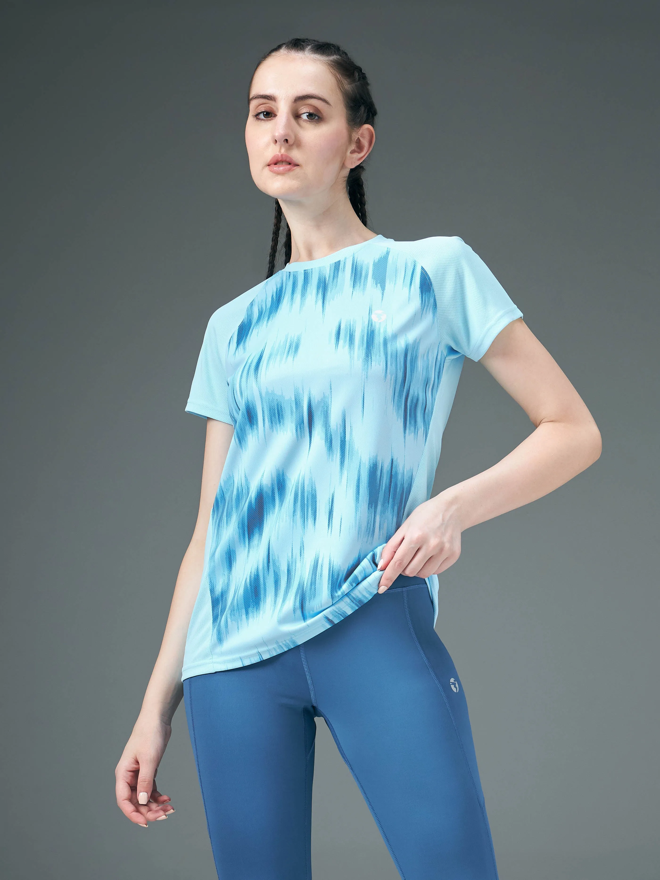 Preppy FlexibleKnit Women Abstract Print Slim Fit Crew Neck T-shirt with TECHNO COOL 