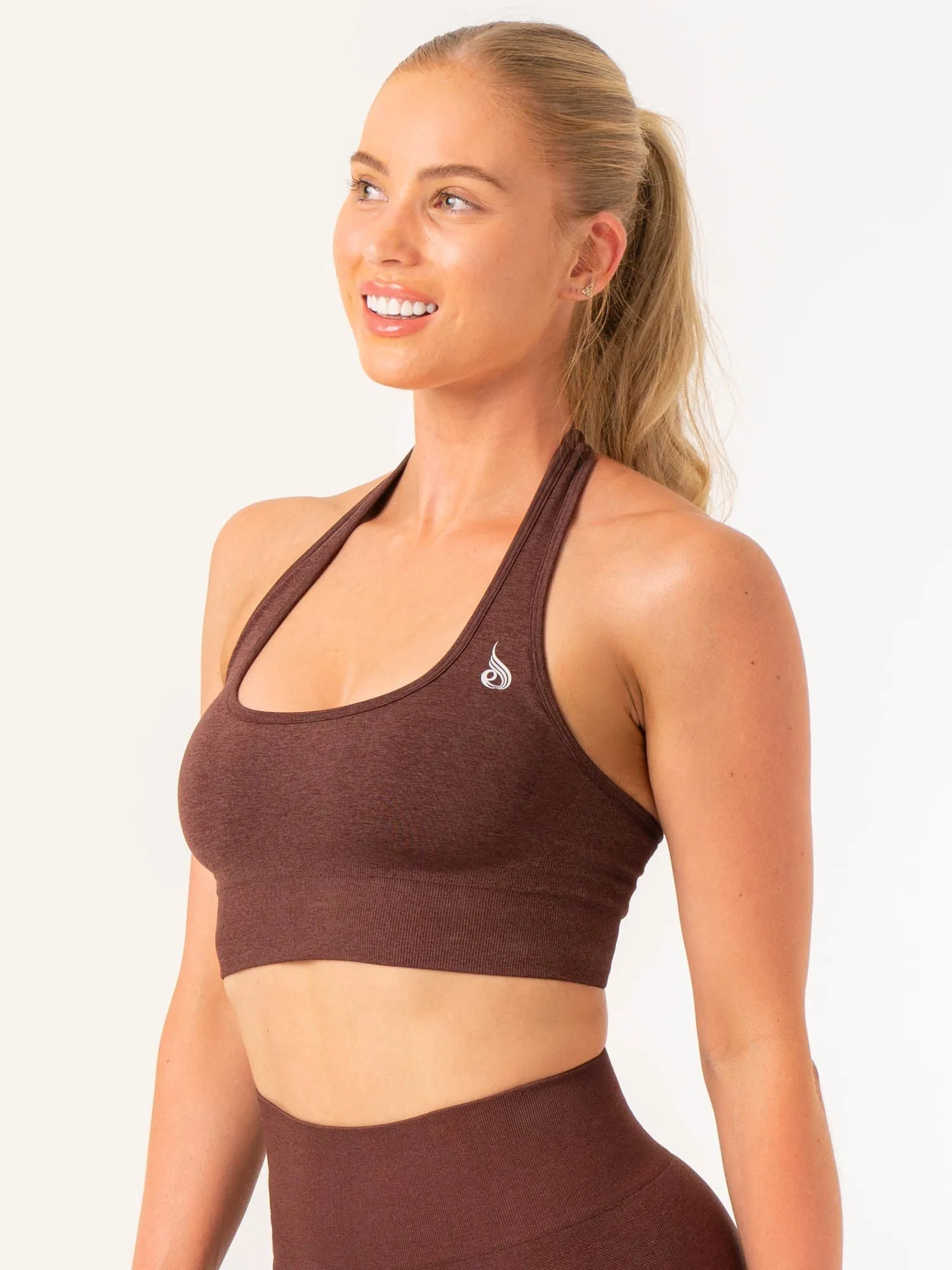 Crease-resistant seams Mock neck seams Contour Halter Bra - Chocolate Marl