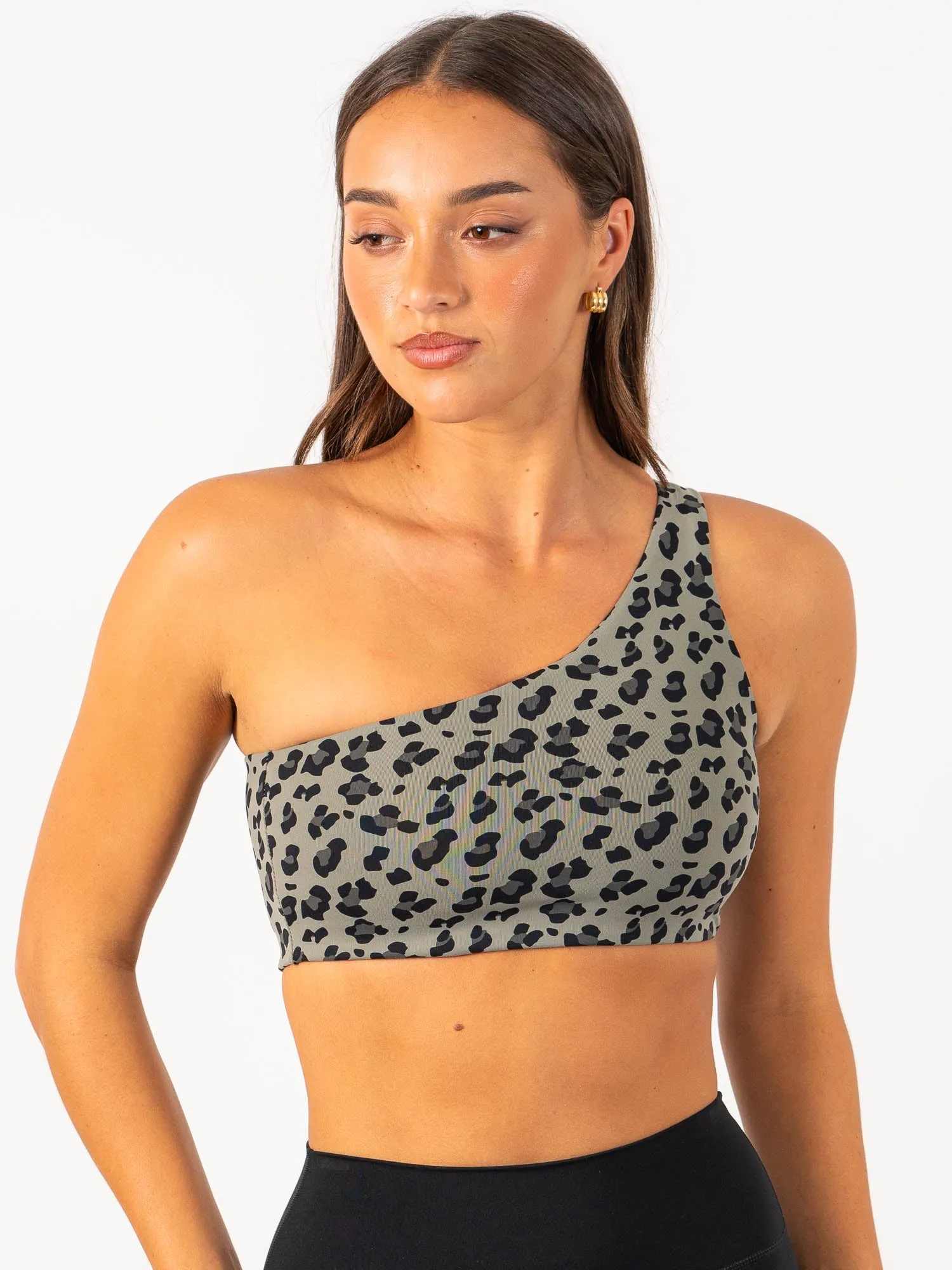 Adapt One Shoulder Sports Bra - Khaki Leopard Non-Chafing Edge Secure Design