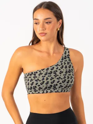 Adapt One Shoulder Sports Bra - Khaki Leopard Non-Chafing Edge Secure Design