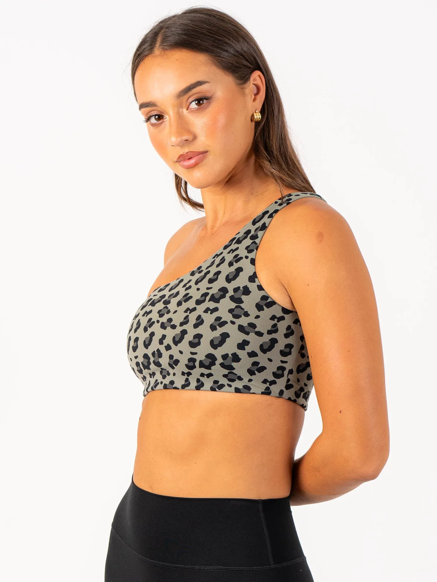 Breathable Support Adapt One Shoulder Sports Bra - Khaki Leopard