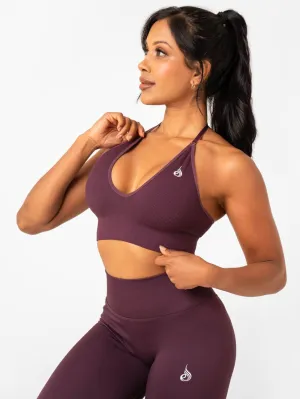 Buttoned Supportive Fabric Lift Rib Seamless Halter Sports Bra - Plum