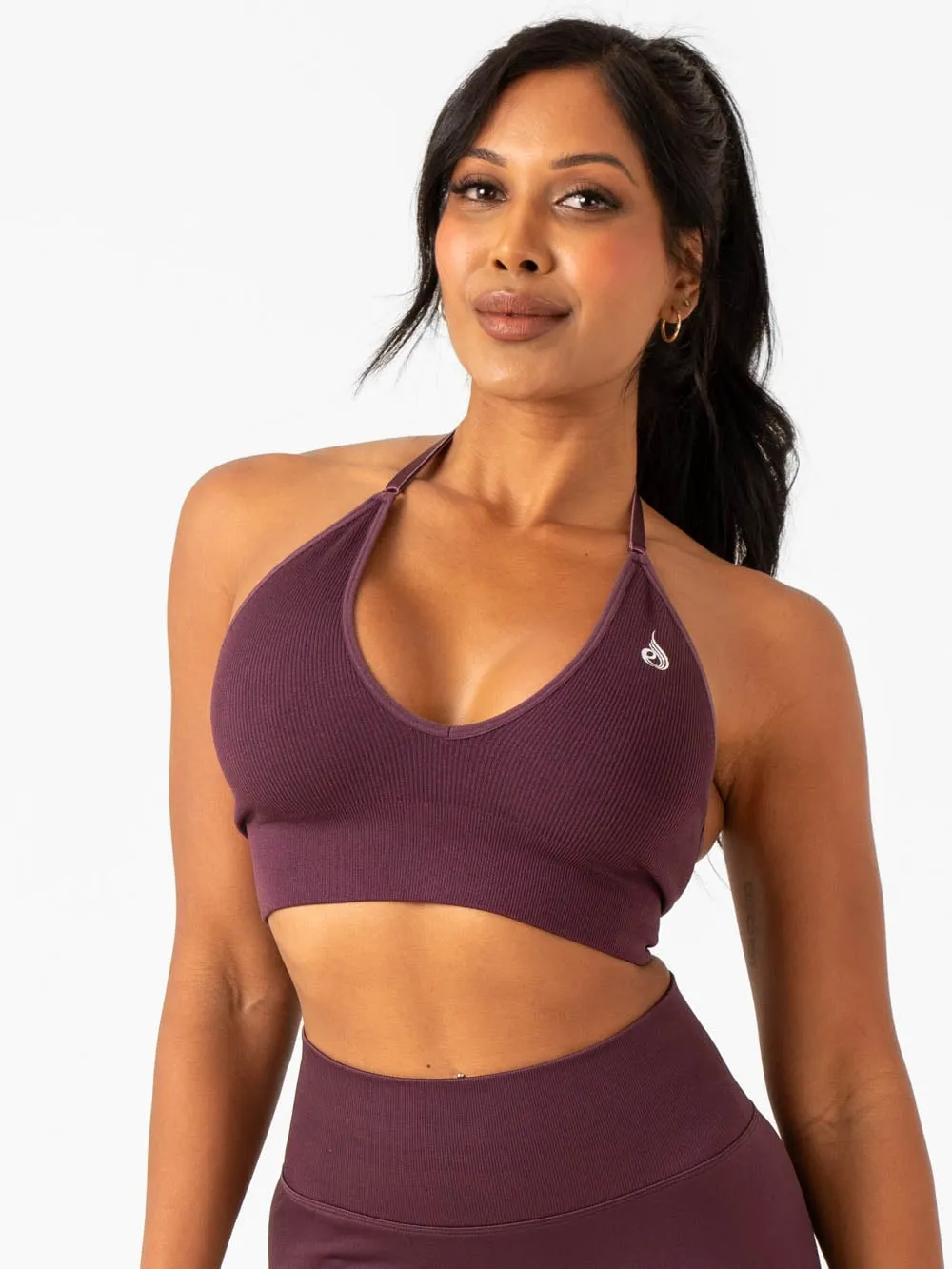 Breathable Design Lift Rib Seamless Halter Sports Bra - Plum