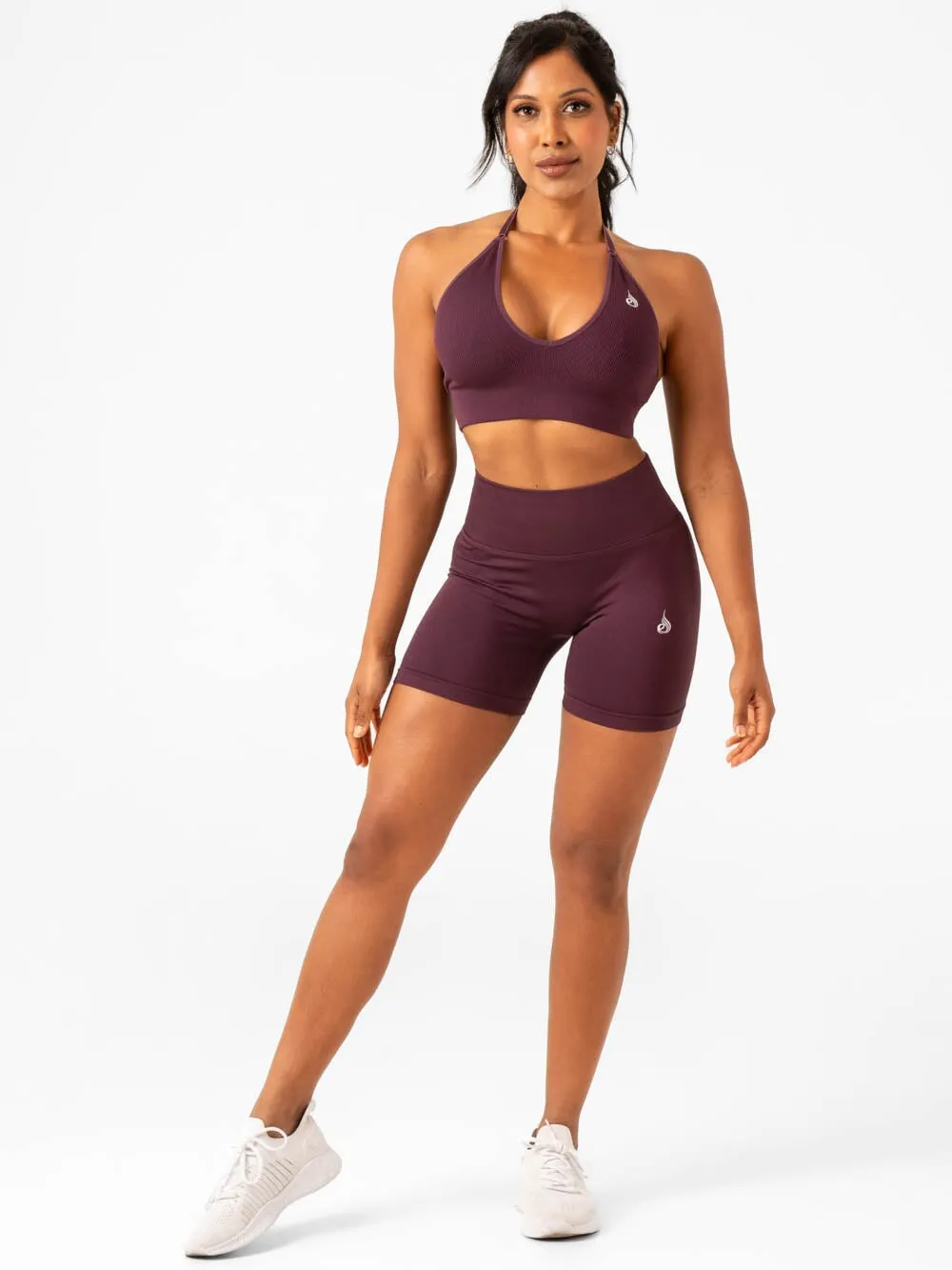 Reinforced Stress Points Lift Rib Seamless Halter Sports Bra - Plum