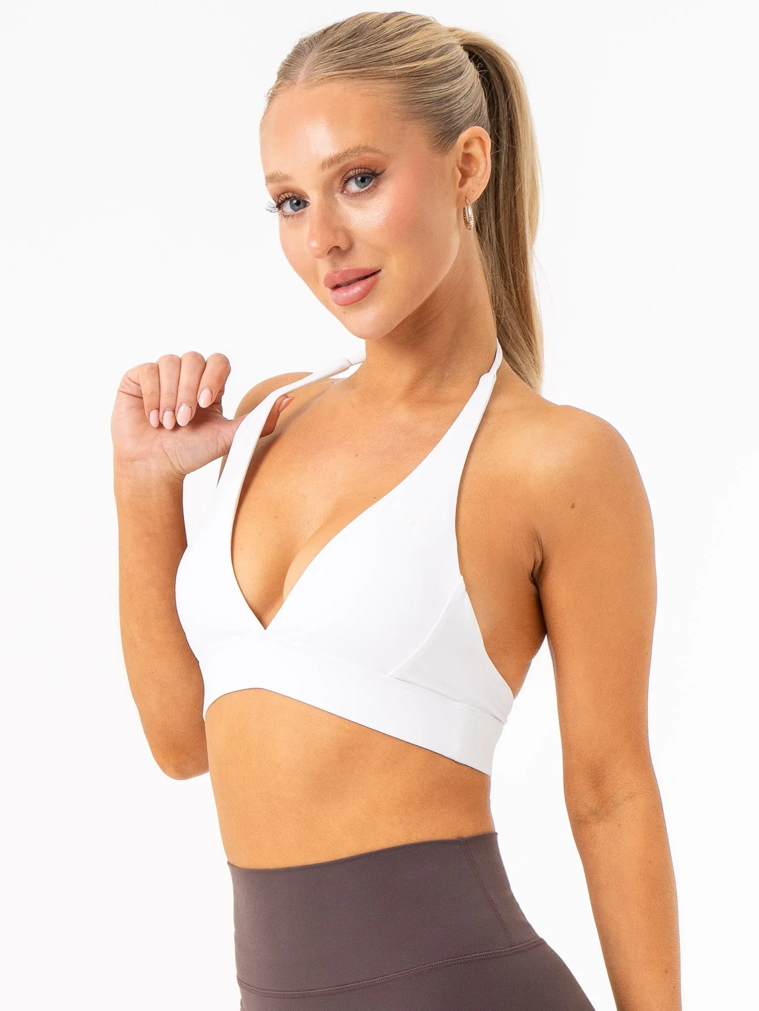 NKD Halter Sports Bra - White Piped edges Elegant sports apparel