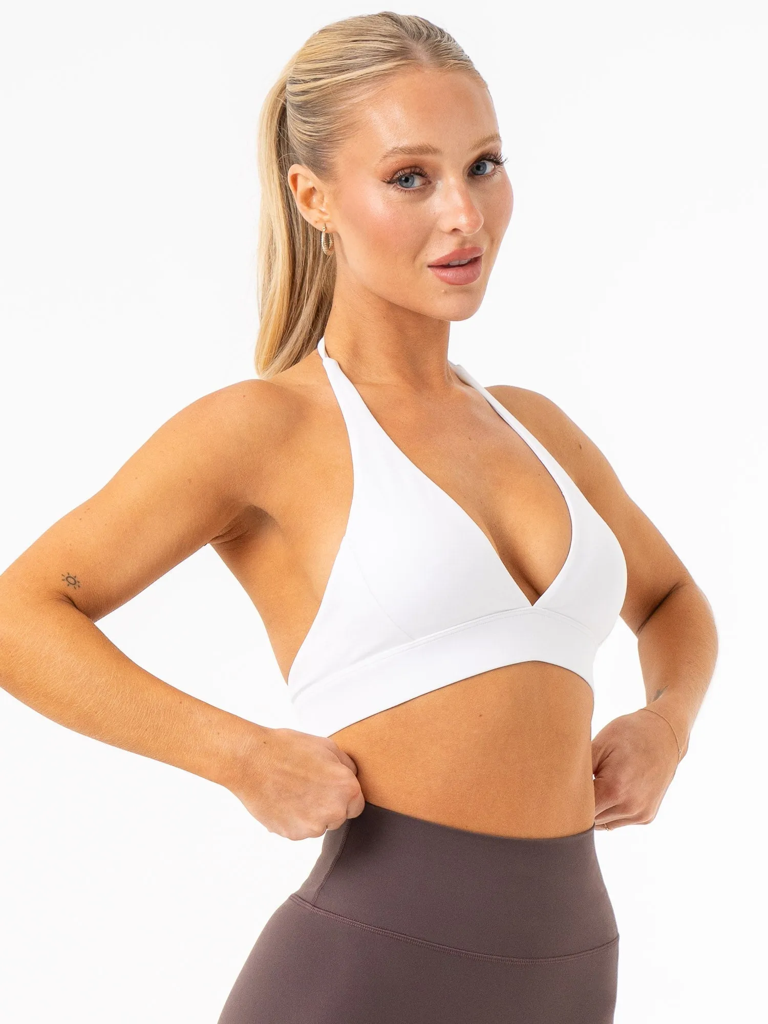 Raw edges seams Supportive Comfort NKD Halter Sports Bra - White
