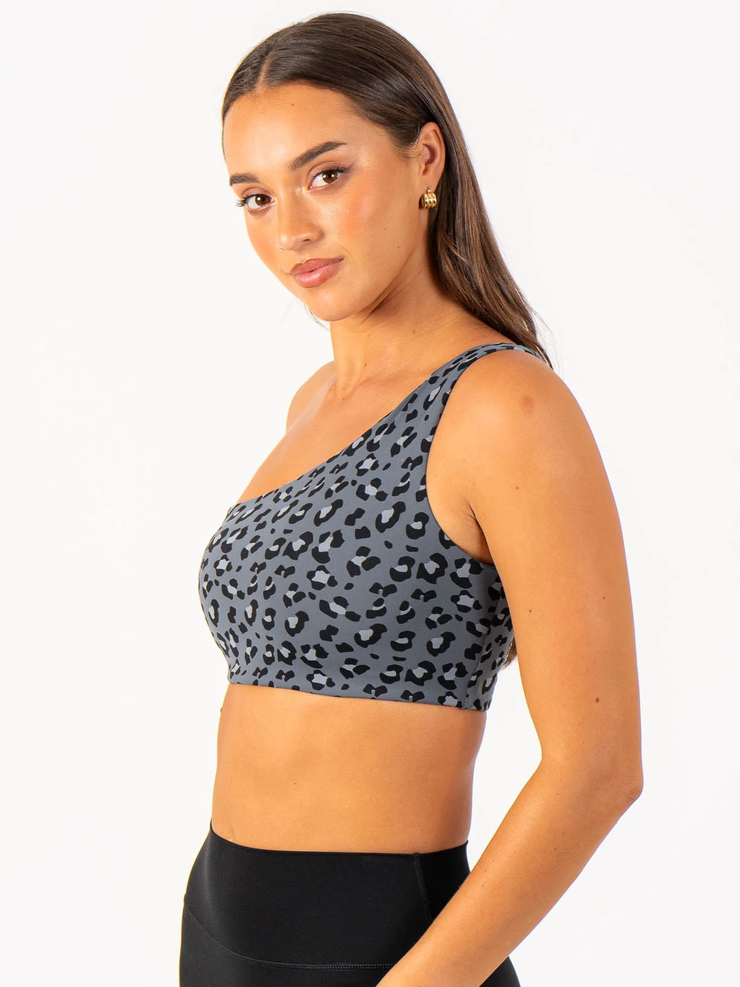 Adapt One Shoulder Sports Bra - Steel Blue Leopard Flexible Wire teenagers'