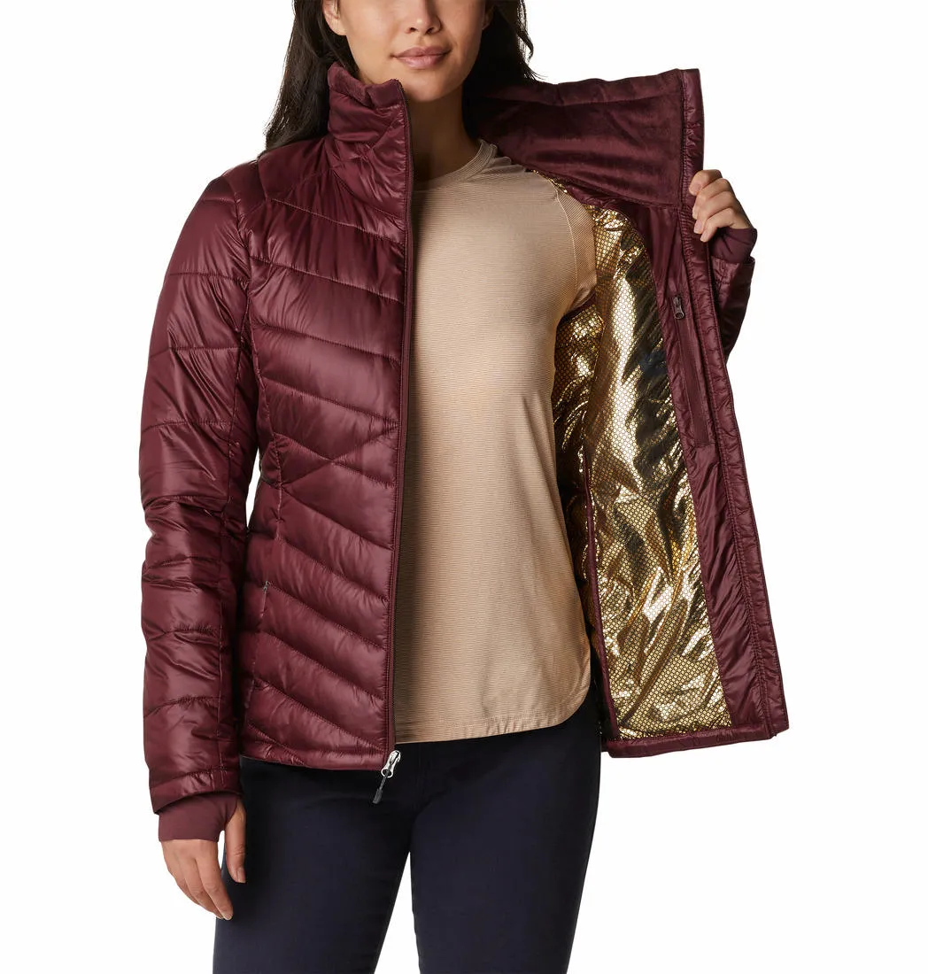 Columbia Women Maroon Joy Peak Jacket Perforated Underarm Vents Four Way Stretch Material