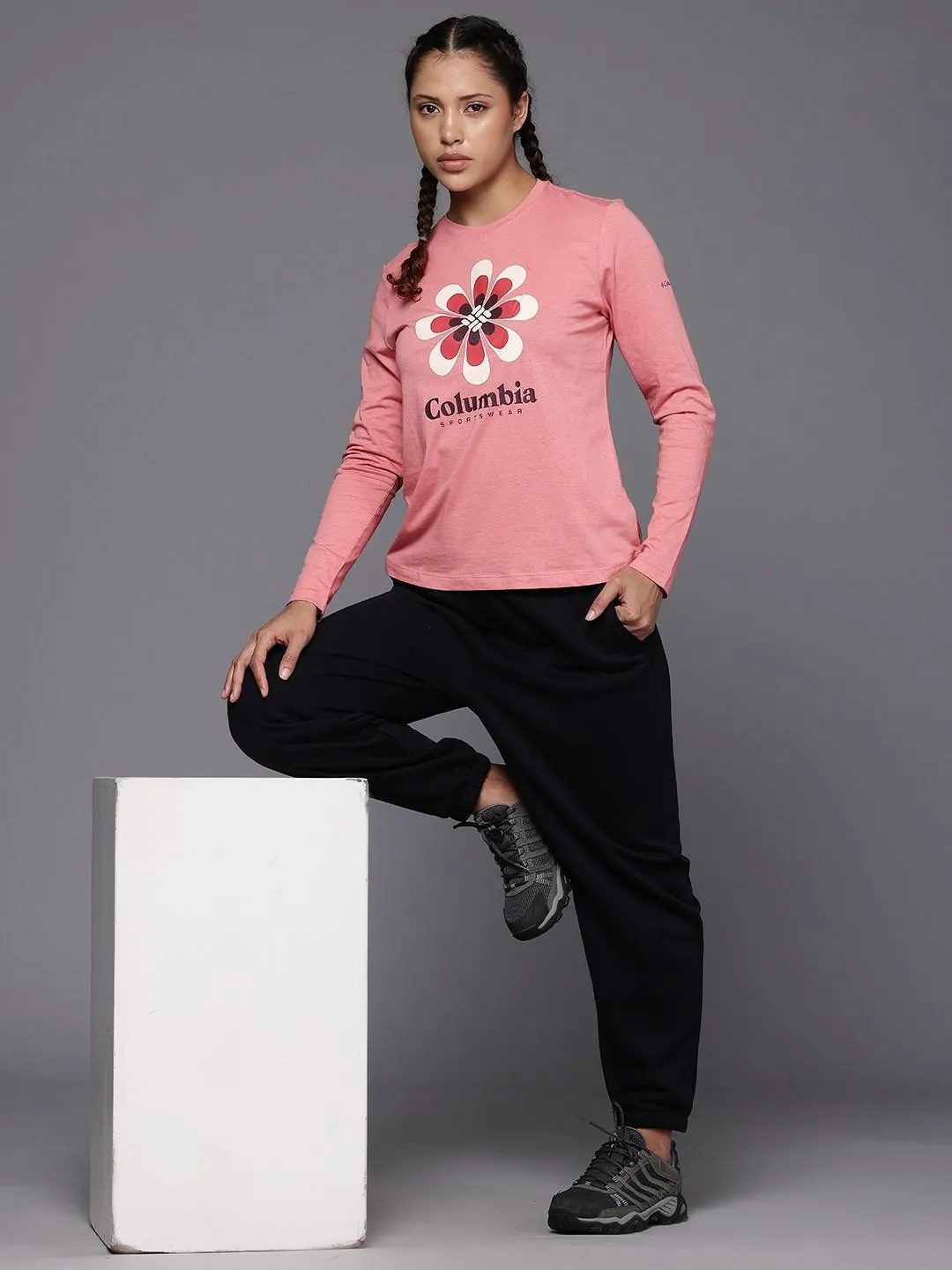 Columbia Women Pink Columbia Trek Relaxed LS Tee Comfortable and Chic Subtle Embroidery