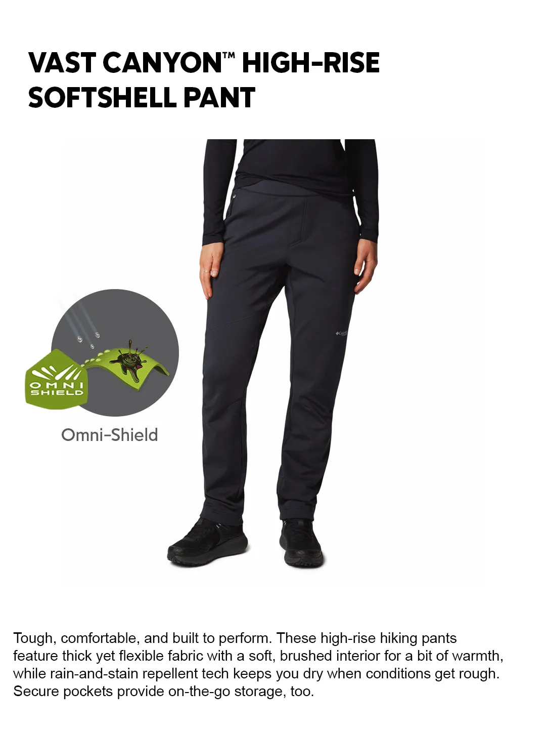 Columbia Women Black OmniShield Vast Canyon Soft Shell Pant Comfortable Waistband