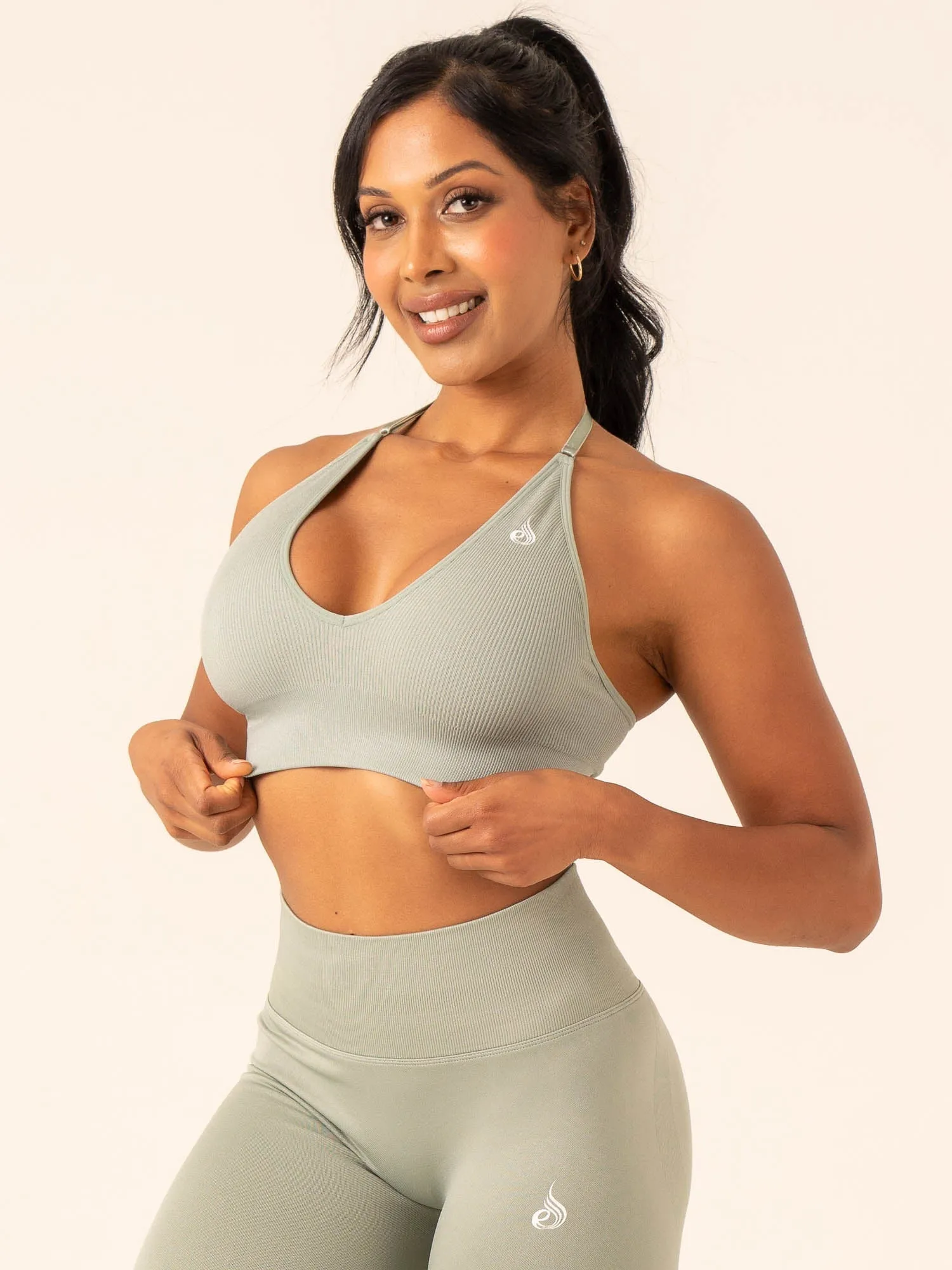 High-impact Durable Material Lift Rib Seamless Halter Sports Bra - Sage