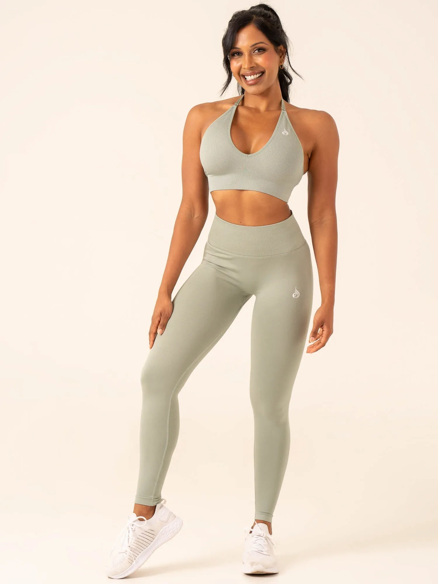 Lift Rib Seamless Halter Sports Bra - Sage Blended materials