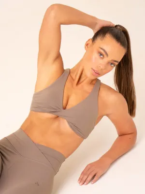 Momentum Twist Sports Bra - Taupe Smooth Texture Active
