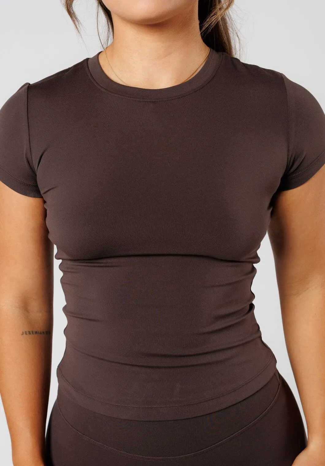 Trendy Layering Fun Style Reluna? Full Length Short Sleeve Top Espresso