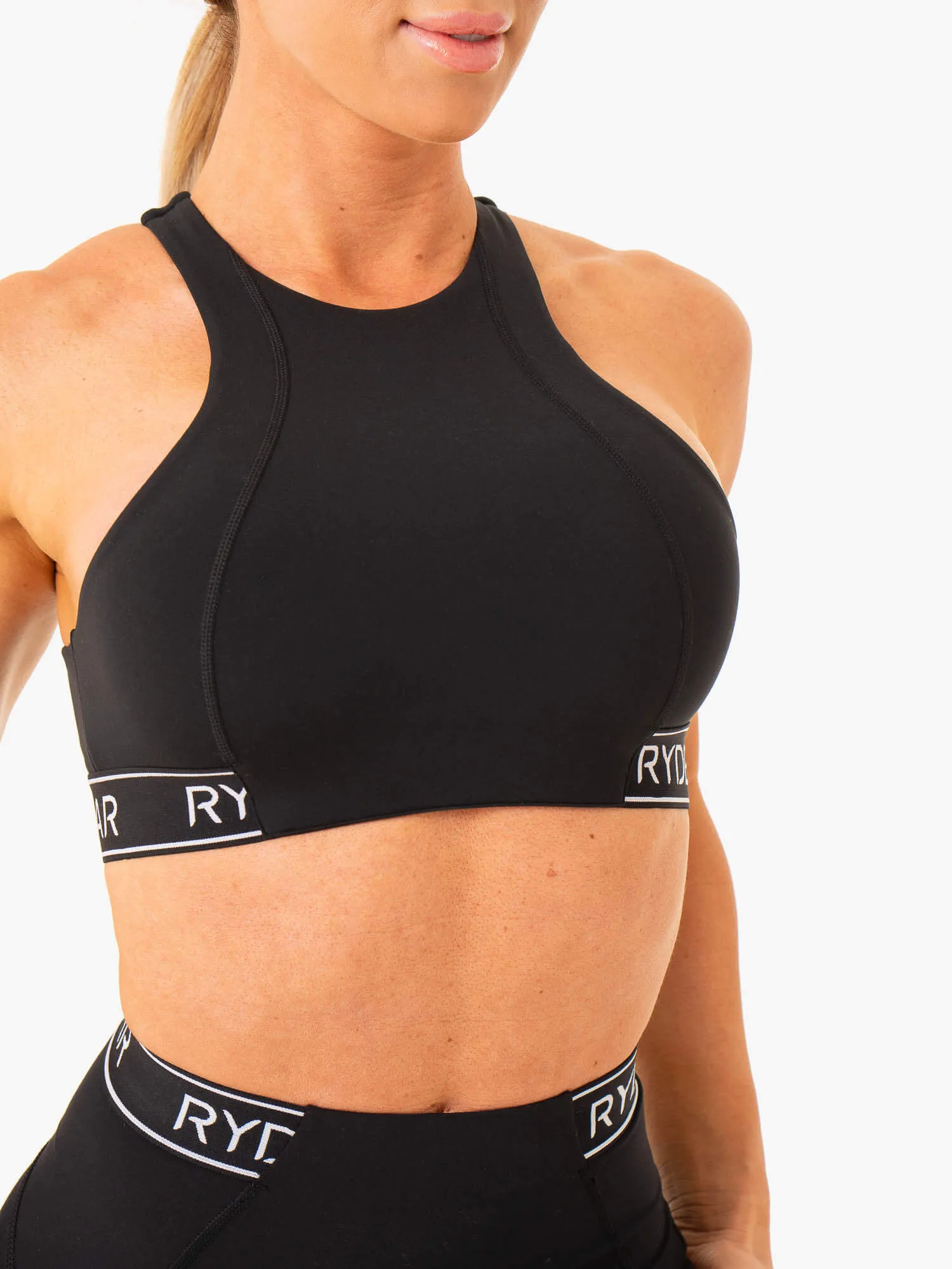 Level Up High Impact Sports Bra - Black Racerback Style Piped edges