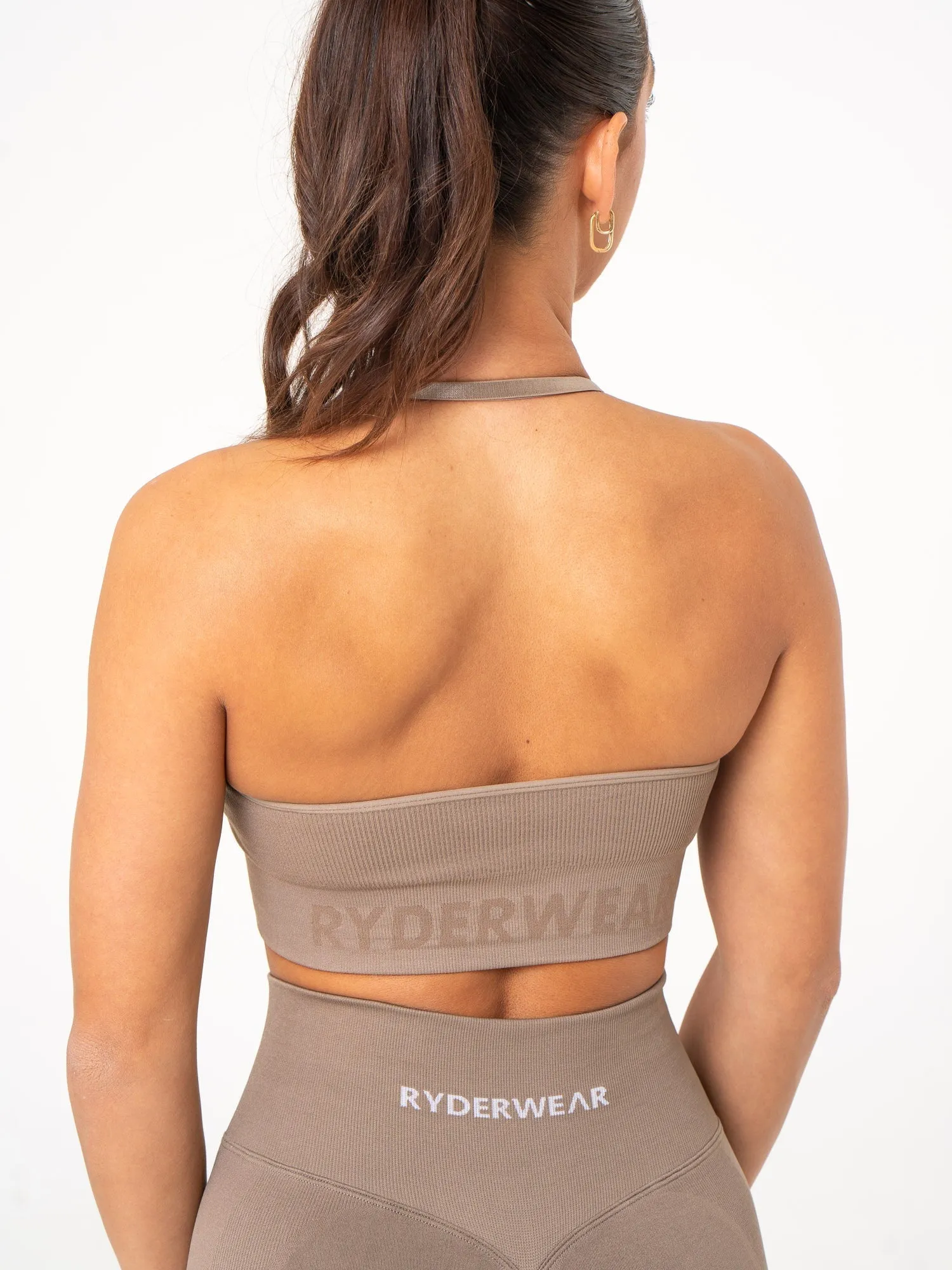 Seamless Closure Lift Rib Seamless Halter Sports Bra - Taupe