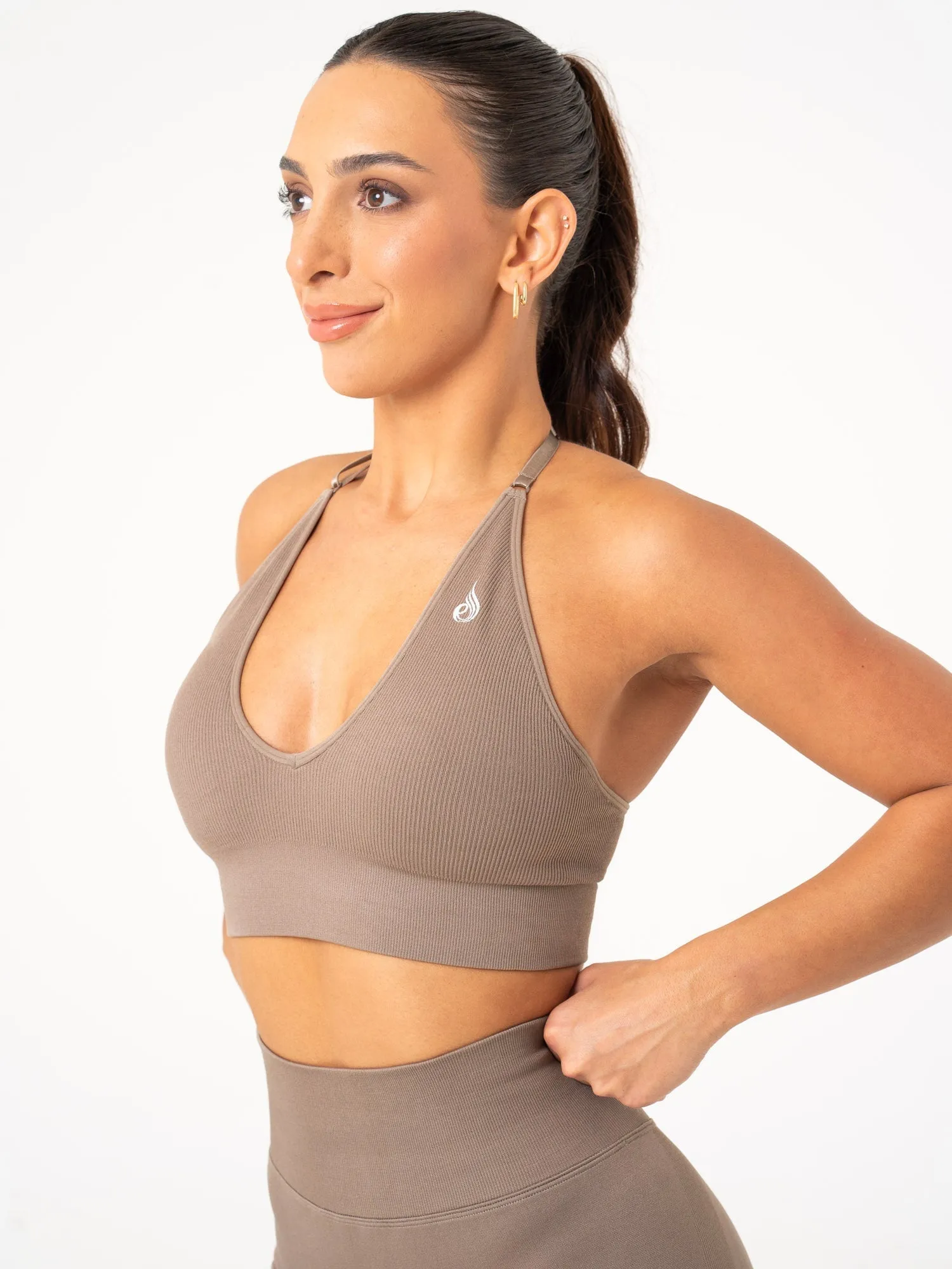 Lightweight Design Lift Rib Seamless Halter Sports Bra - Taupe