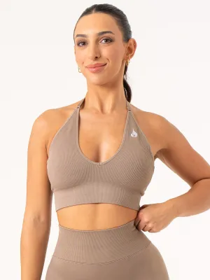Sleeveless Lift Rib Seamless Halter Sports Bra - Taupe