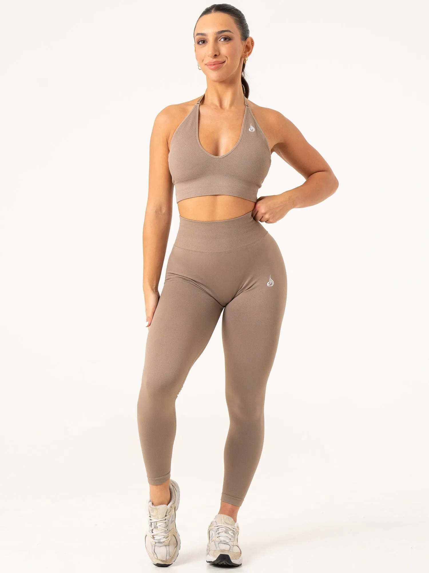 Lift Rib Seamless Halter Sports Bra - Taupe Triple stitching Medium-quality