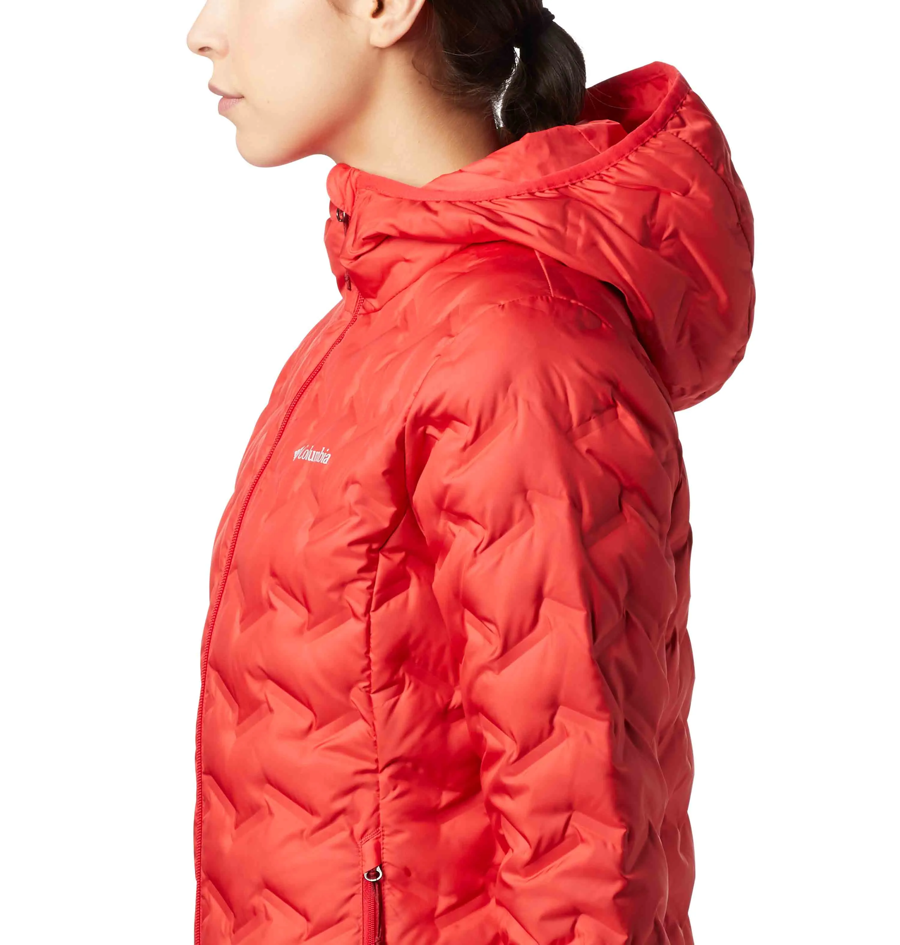 Columbia Women Red Delta Ridge Down Hooded Jacket Articulated Sleeve Cut Polyfill Layer Integration