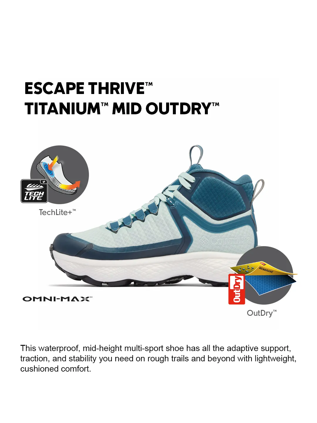 Grip System Columbia Women Blue OmniMax Escape Thrive Titanium Waterproof Hiking and Trekking Shoes