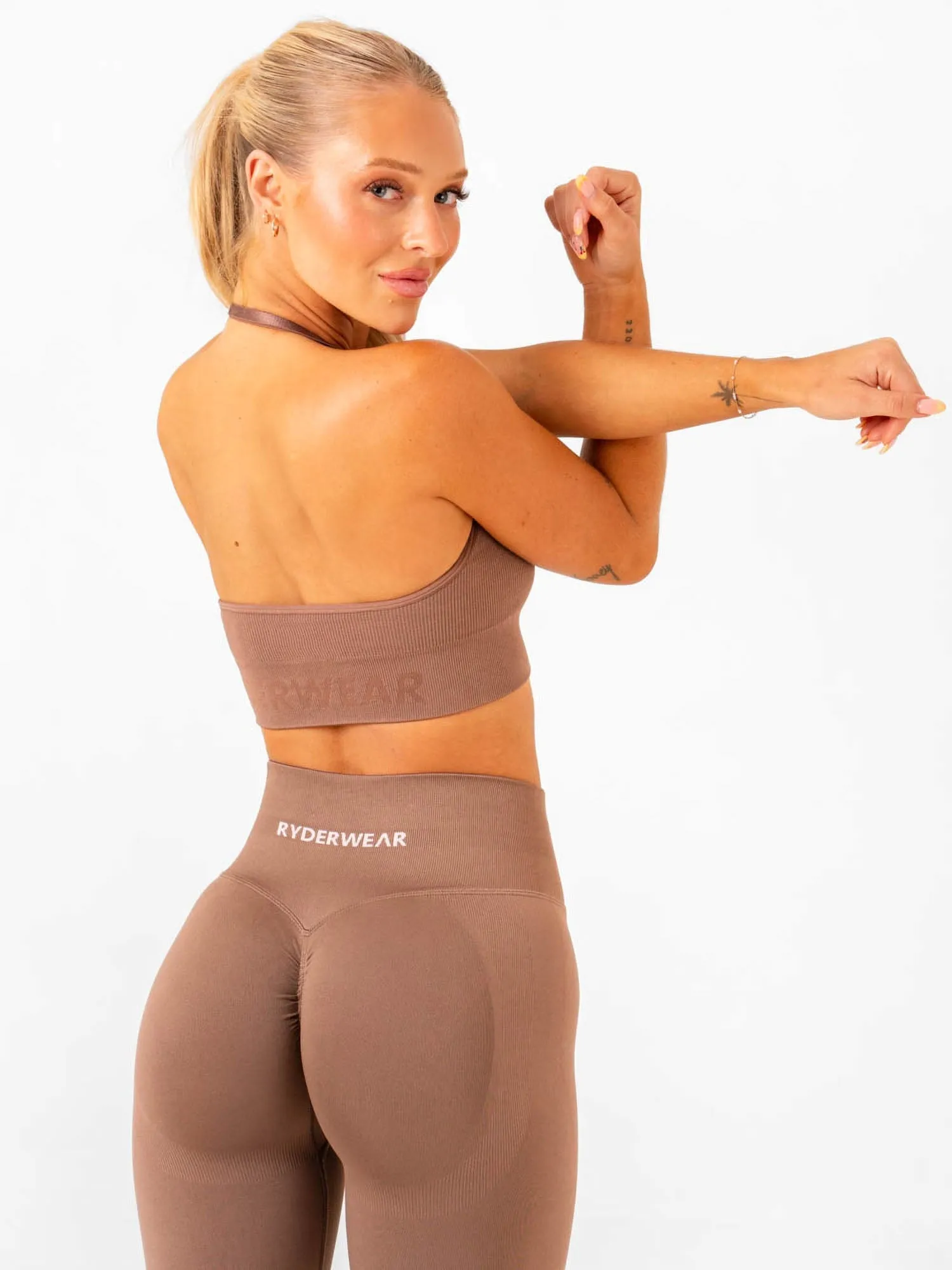 Lift Rib Seamless Halter Sports Bra - Almond Fully Encapsulated Cups