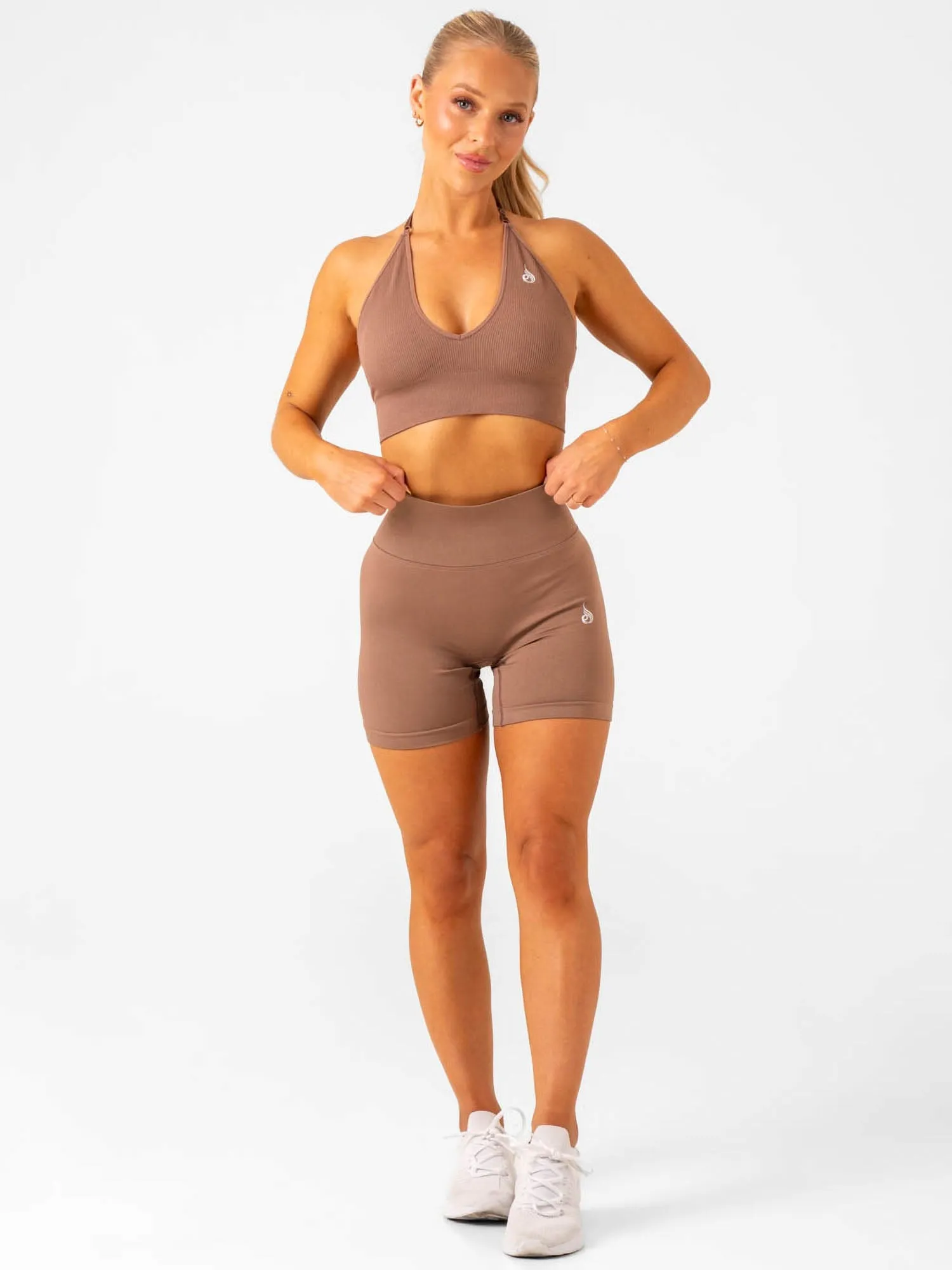 Tension Dispersion System Anti-pilling seams Lift Rib Seamless Halter Sports Bra - Almond
