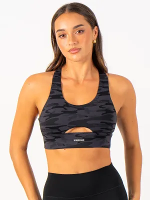 Base Racer Back Sports Bra - Black Camo Soft Jersey Lace