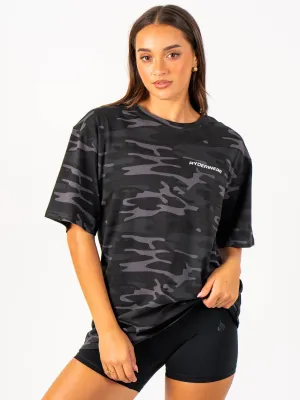 Ribbed Neckline Energy Oversized T-Shirt - Black Camo