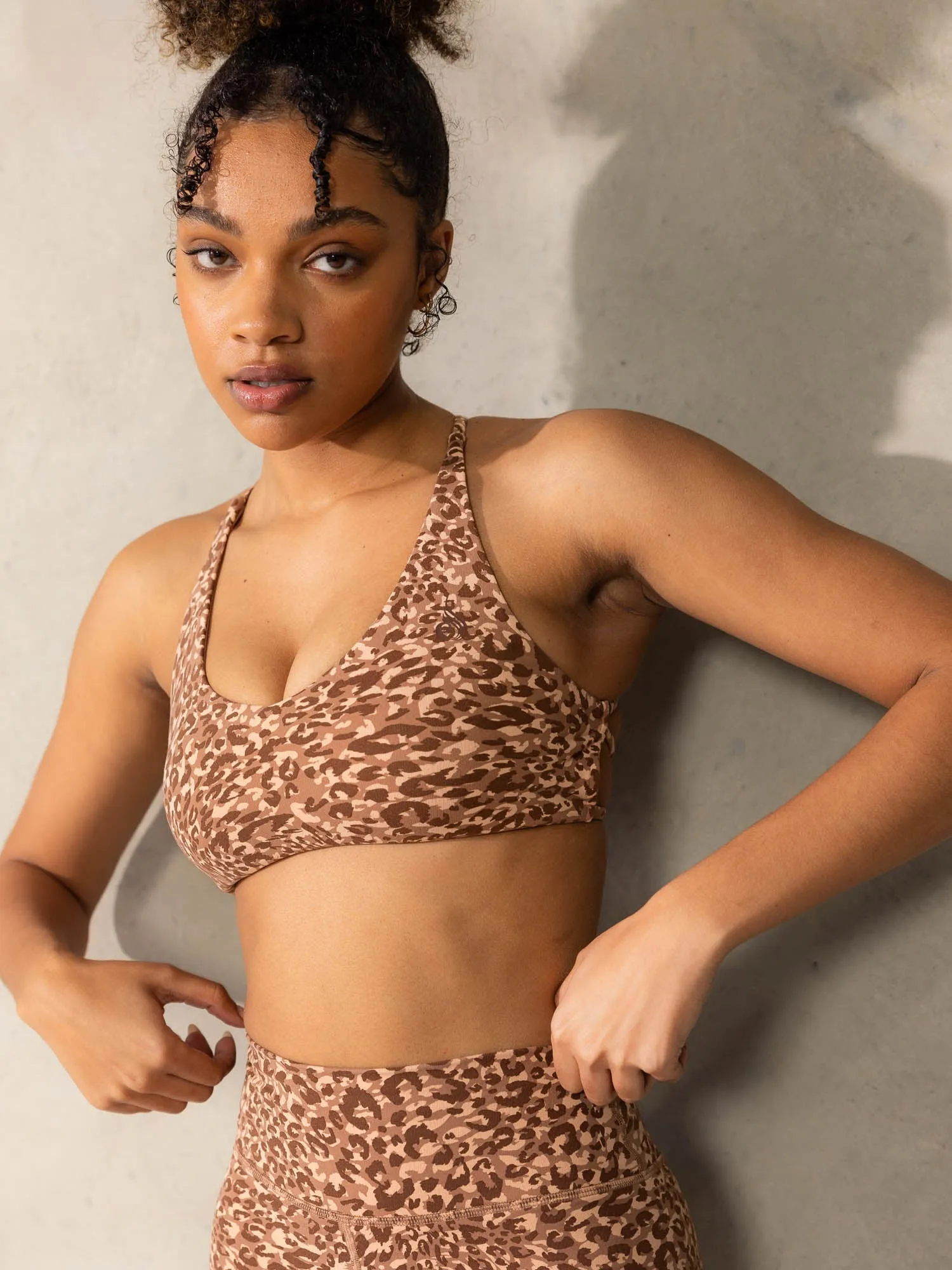 Empower Sports Crop - Mocha Leopard Crossback seams