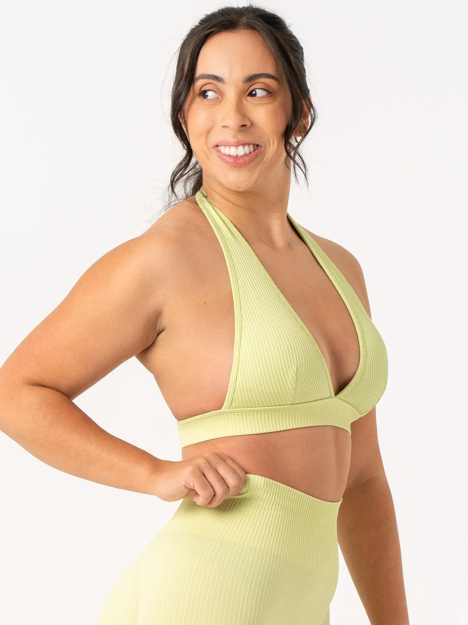 Versatile Strap Configuration runners Rib Seamless Halter Sports Bra - Lime