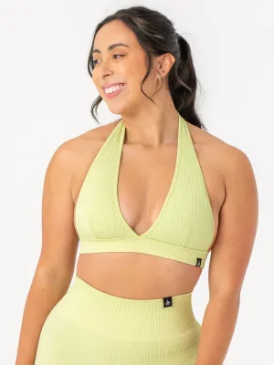 Soft Microfiber Pink Rib Seamless Halter Sports Bra - Lime