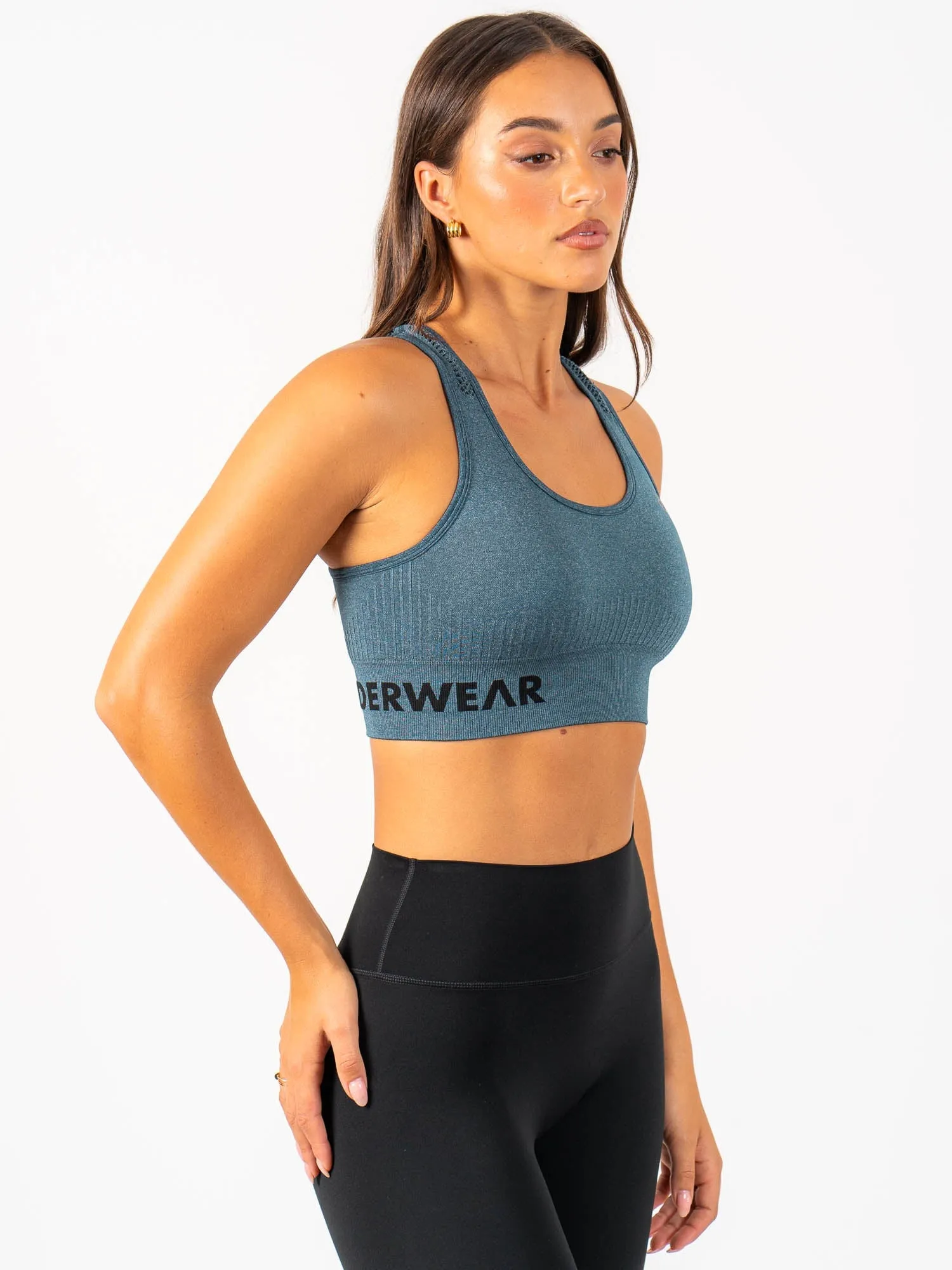 Seamless Staples Sports Bra - Teal Marl Blue athletic clothing Seam-Free Construction