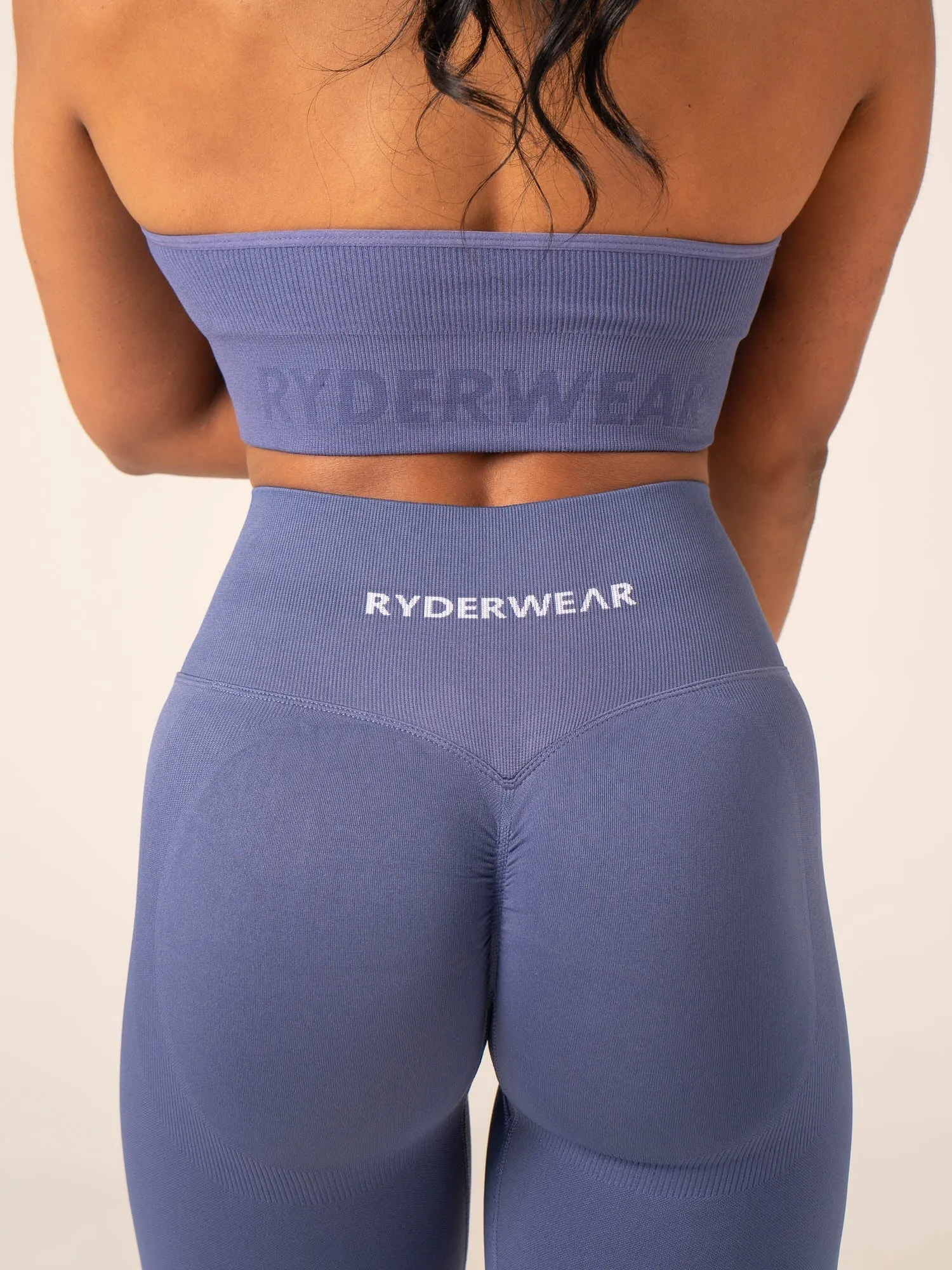Lift Rib Seamless Halter Sports Bra - Denim Blue High Neck Adjustable support