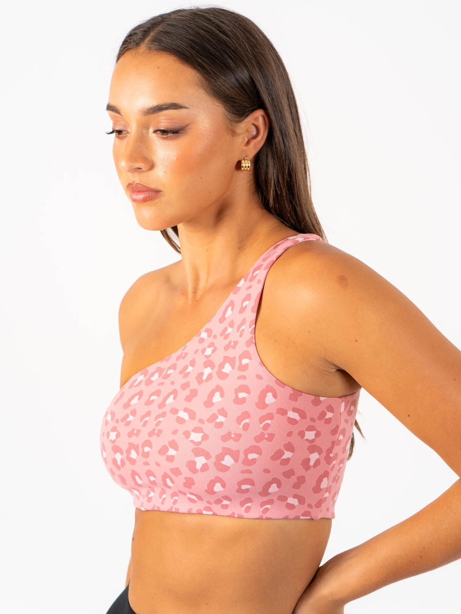 Adapt One Shoulder Sports Bra - Pink Leopard Fringed edges seams