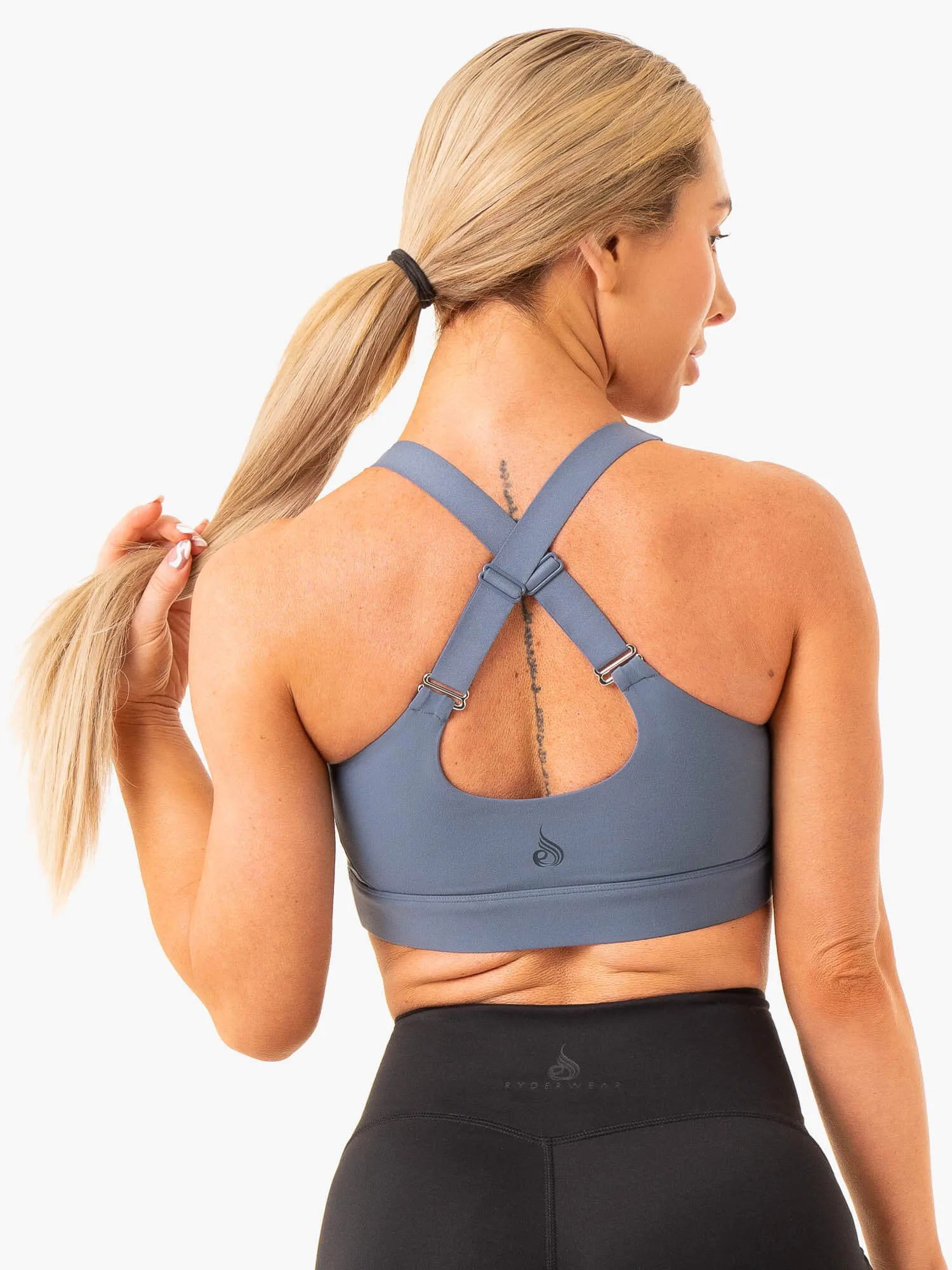 Heighten High Impact Sports Bra - Steel Blue elastic waistband Non-Slip Band