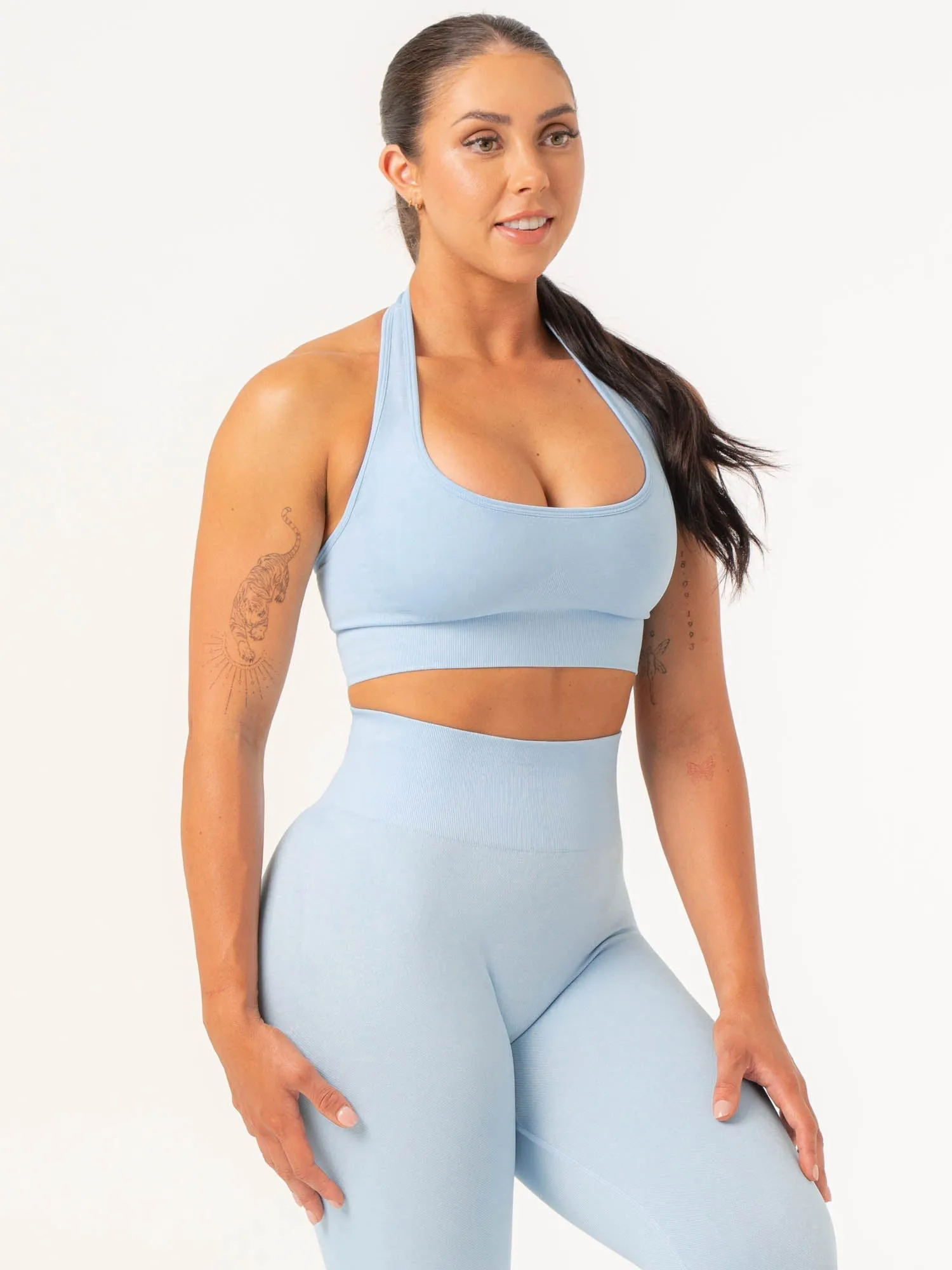 Contour Halter Bra - Sky Blue Marl Cross Back Closure Secure Fabric