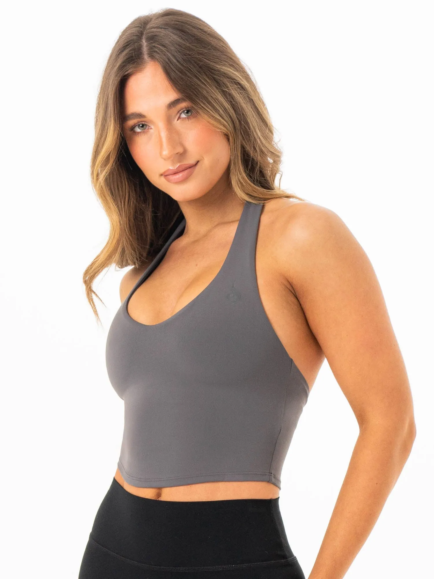 NKD Halter Shelf Tank - Charcoal Wide Straps Flatlock stitching seams