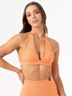 Rib Seamless Halter Sports Bra - Mango Cross Back Closure