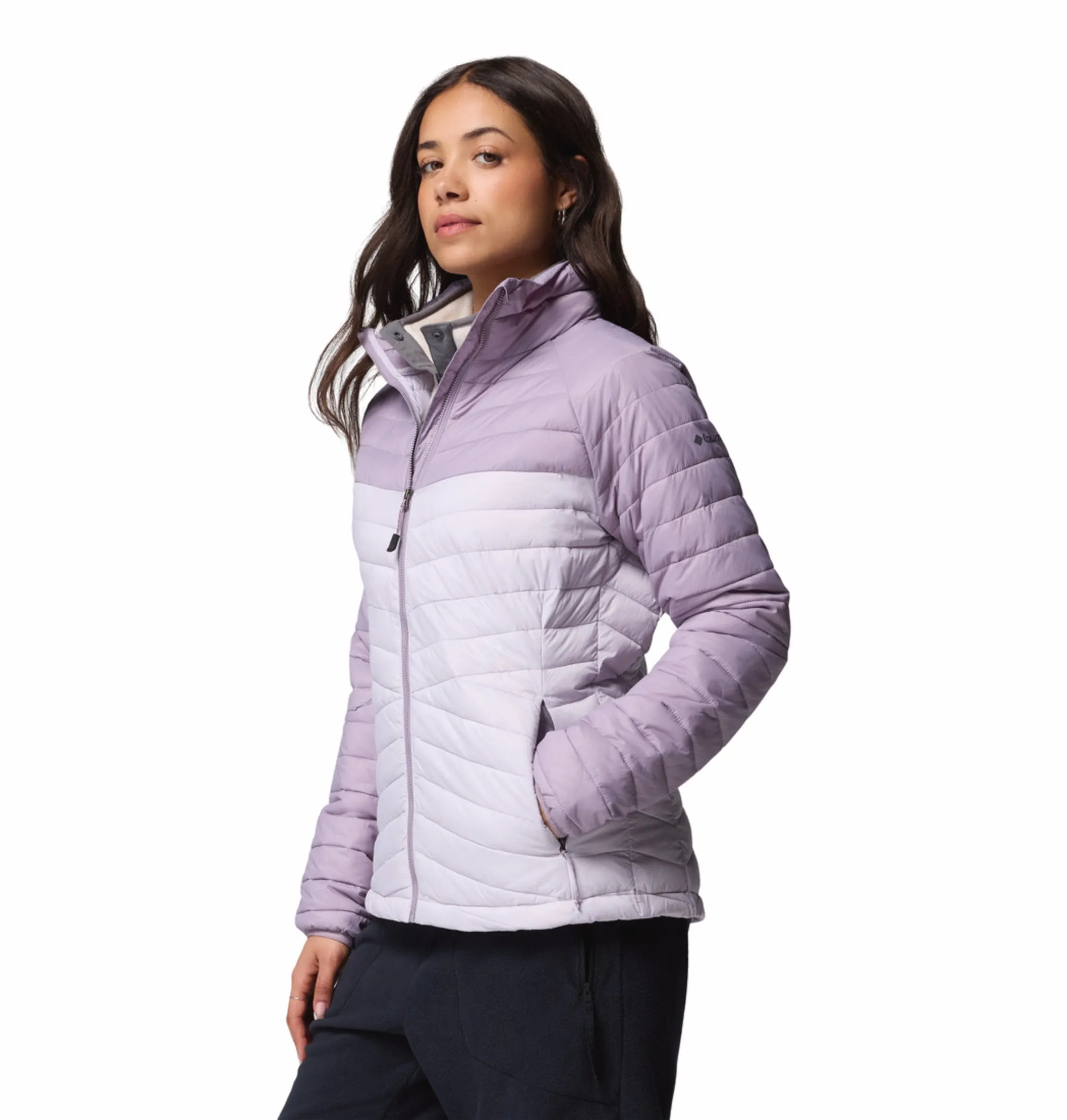 Tapered Silhouette Emblem Columbia Women Purple OmniShield Powder Pass Down Jacket