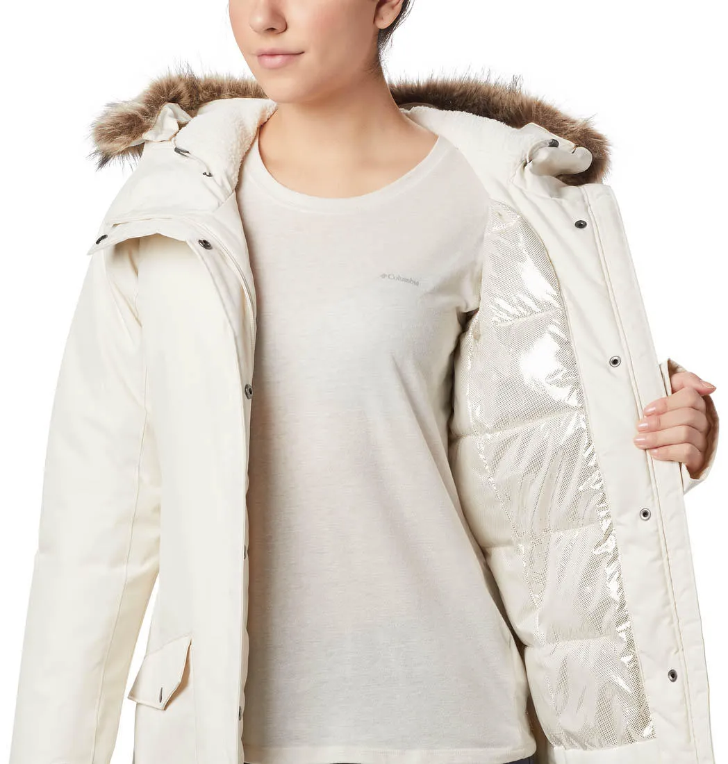 Double Layered Hood Columbia Women White Suttle Mountain Long Insulated Jacket