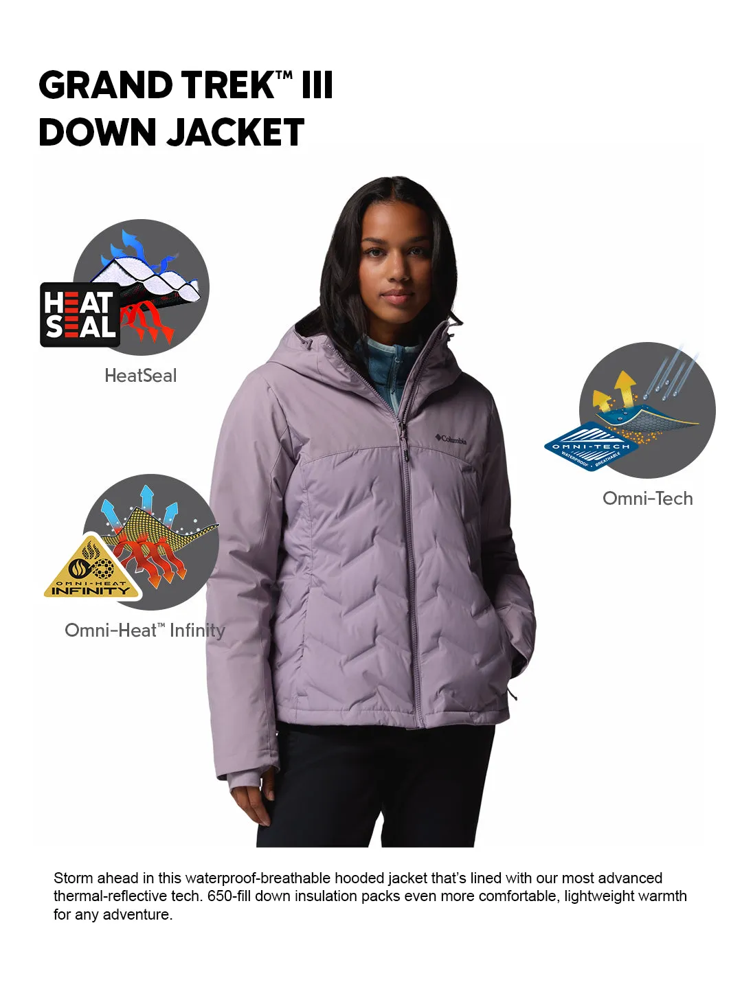 Flexible Seams Columbia Women Purple HEAT SEAL Grand Trek III Down Jacket