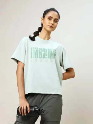 Women Printed Boxy Fit Crew Neck T-shirt with TECHNO COOL  Subtle Details Slim Waistband