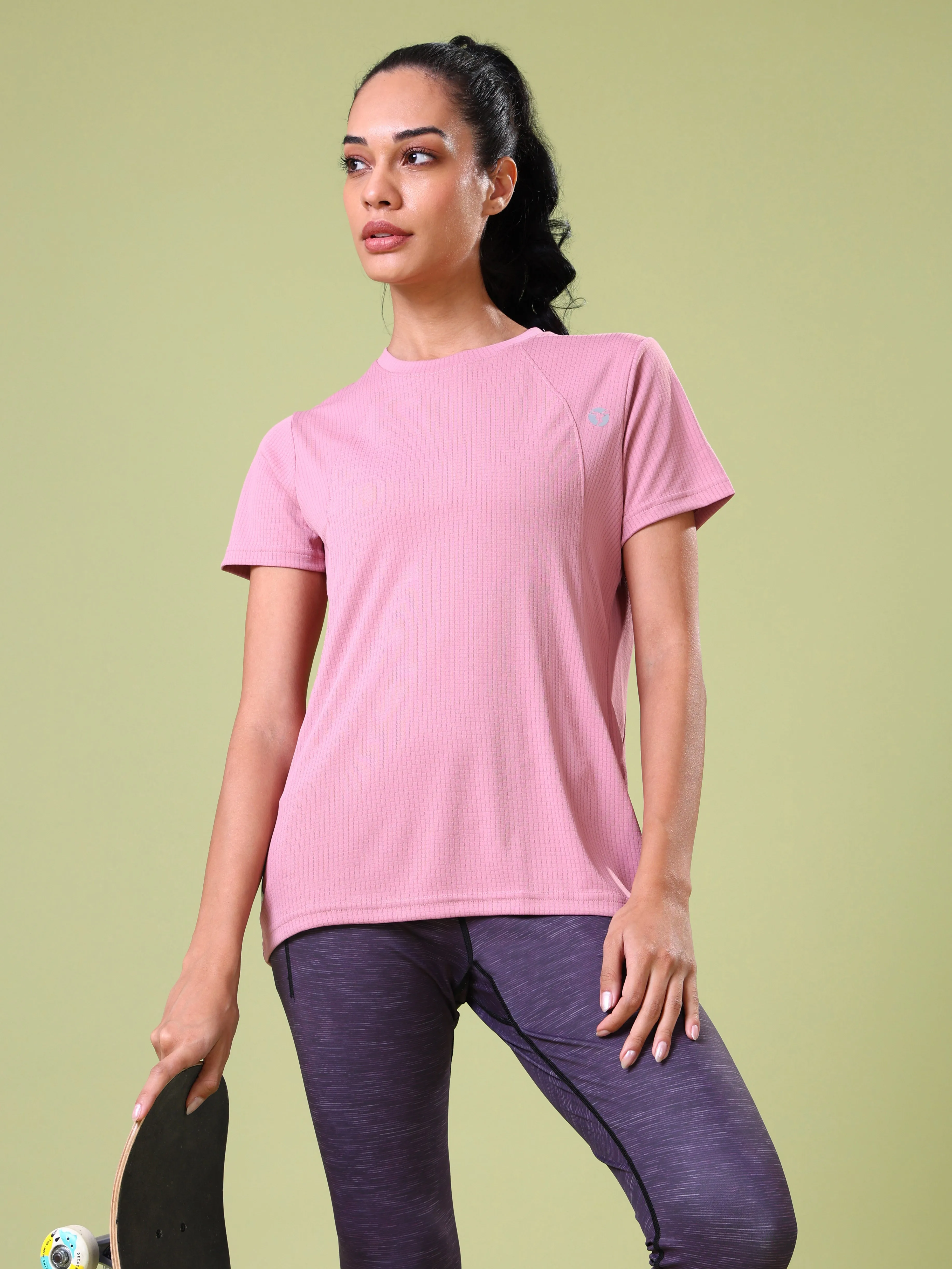 Water Based Ink Print Versatile Trend Women Self Design Slim Fit Crew Neck T-shirt with TECHNO COOL 